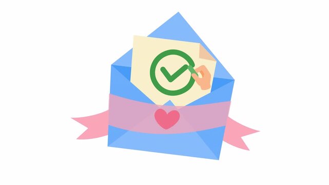 Blue envelope with green check mark letter isolated in the alpha channel. Flat design confirmed love letter or wedding invitation approval icon. Animated open envelope with correct checkmark symbol.