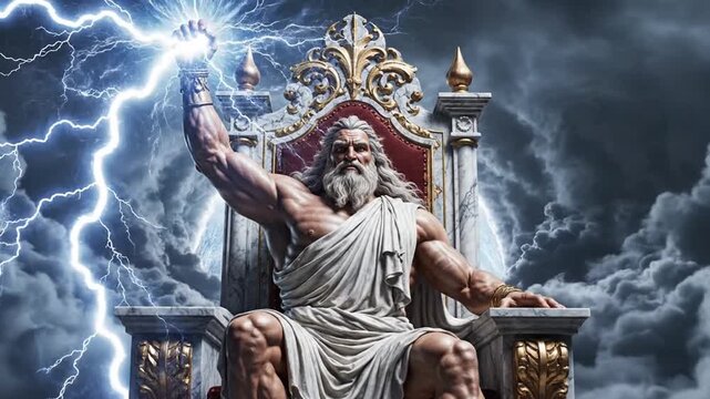 Zeus sitting on a throne with lightning.