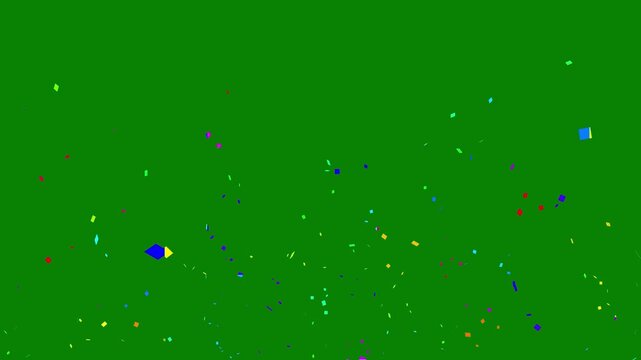 Animation of golden and variety colorful confetti falling down on green background.  Confetti fired in the air during a glorious Anniversary party. confetti Burst Effect for Celebration Party.4k