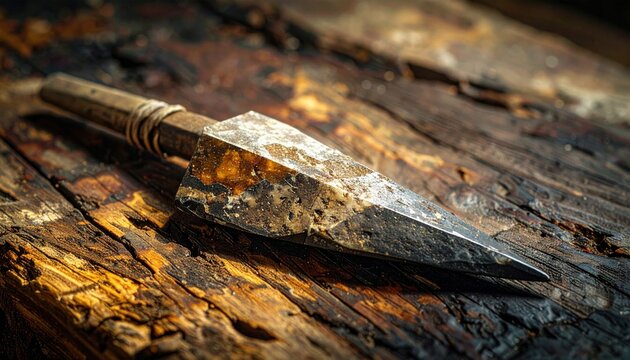 A single polished flint arrowhead resting on a rough hewn wooden surface, showcasing ancient craftsmanship and historical significance