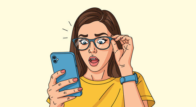 Young woman wearing glasses looking at her smartphone screen with a shocked and surprised expression in a pop art style.