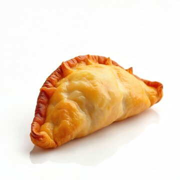 Golden fried pastry stuffed with savory curry filling. Crispy dough baked to perfection, looks delicious. Traditional snack made from flour dough.