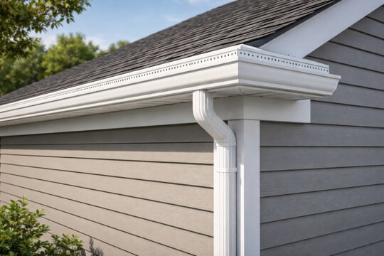 Horizontal vinyl siding complemented by white gutter guard system including fascia and drip edge at a premium single-family property