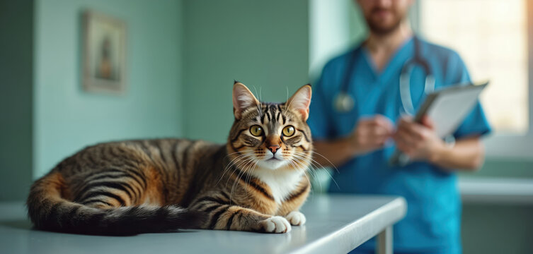 Tabby cat lies on examination table in veterinary clinic. Doctor in blue scrubs with stethoscope and clipboard stands in background checking pet health. Animal care.