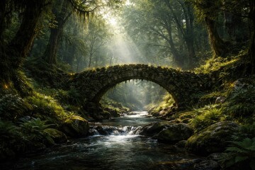 Naklejka premium fantasy forest scene featuring an ancient stone bridge