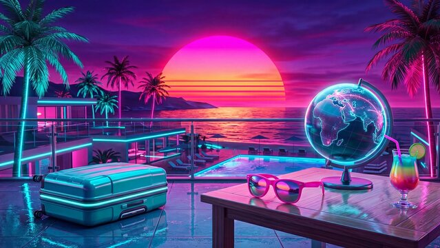 Neon lit turquoise suitcase and glowing globe on balcony table with pink sunglasses and tropical cocktail. Sunset ocean view palm trees and infinity pool. Synthwave cyberpunk vacation and travel