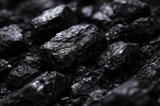 Close up of textured surface and black fossil coal for metallurgical coking fuel