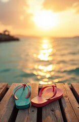 Fototapeta premium Two pairs of colorful flip flops rest on a weathered wooden pier. Gentle waves reflect the warm glow of a setting sun over the ocean horizon. Peaceful vacation scene.