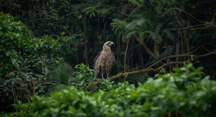 Fototapeta premium Wild Harpy Eagle surrounded by dense rainforest vegetation