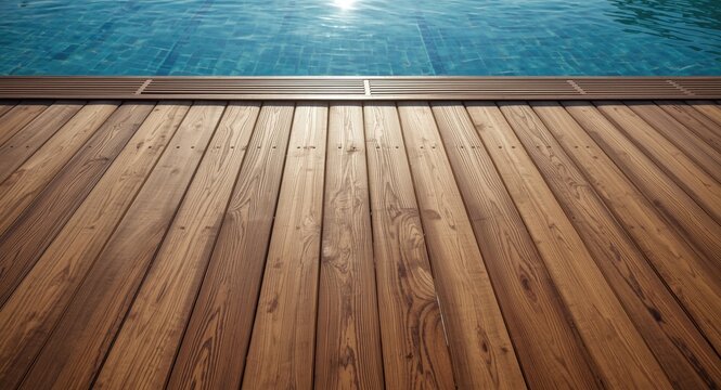 Sunlit decorative wooden planks on a textured tiled ipe hardwood pool deck