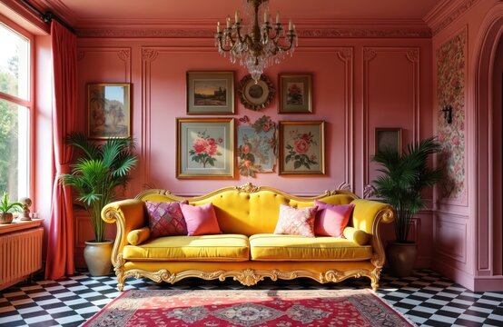Pink room features yellow couch, floral wallpaper. Elegant furniture, gold framed art, plants create luxurious maximalist home decor. Black, white checkered floor adds contrast to vibrant interior