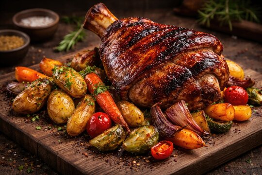Wooden board presentation of charred pork knuckle alongside colorful baked vegetables and potatoes
