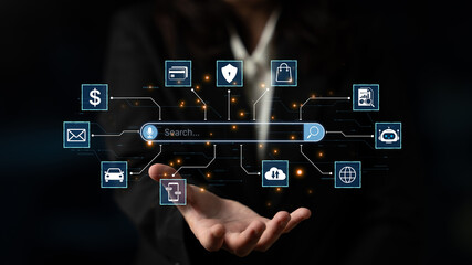 Fototapeta premium Voice search with AI connects users to services and knowledge. Voice search improves access, automation, and productivity across finance, messaging, shopping, and cloud tools. Corpus