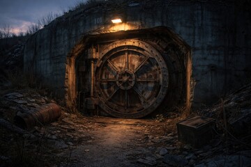 Obraz premium Creepy Vault Door of an Old Fallout Shelter at Dusk