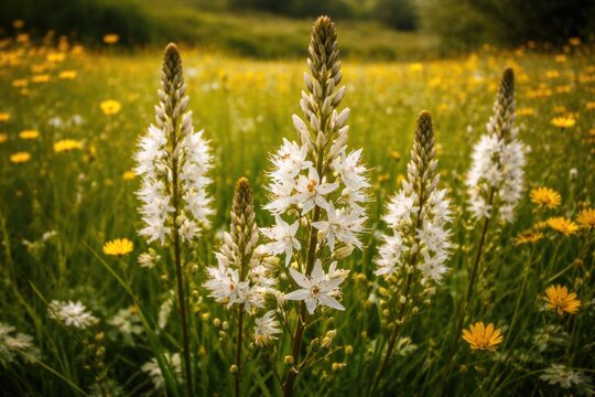 White Blooming Fistulous Asphodel in Lush Green Meadow with Yellow Flowers