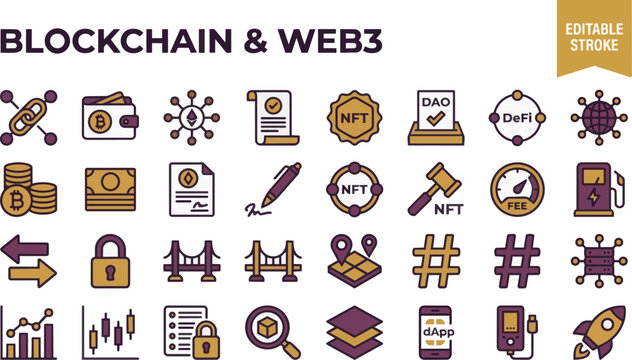 Blockchain Web3 Icon Set, Editable Stroke, Vector