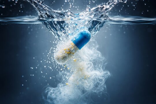 Pharmaceutical Capsule Dissolving In Water, Medication Supplement Healthcare Pharmacology Pill Chemistry Science Medicine Drug Treatment Bioavailability Absorption Concept, Macro Splash Photography