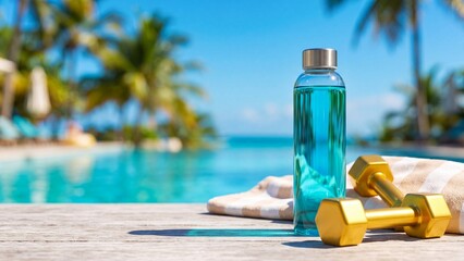Obraz premium Blue water bottle and golden dumbbells on striped towel by infinity pool. Tropical resort setup for fitness and hydration during vacation. Healthy lifestyle and wellness in sunny paradise