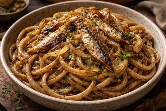 Rustic whole wheat bigoli topped with saut&Atilde;&copy;ed onions and preserved fish slices