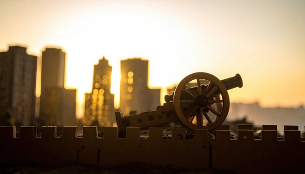Miniature siege engine on cardboard castle ramparts with city skyline at sunset