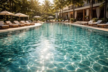 Fototapeta premium Upscale hotel pool with sparkling water and sunlit reflections perfect for design background