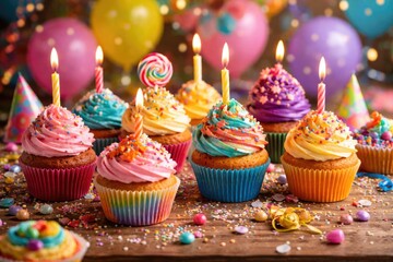 Obraz premium Colorful birthday cupcakes assortment for festive parties