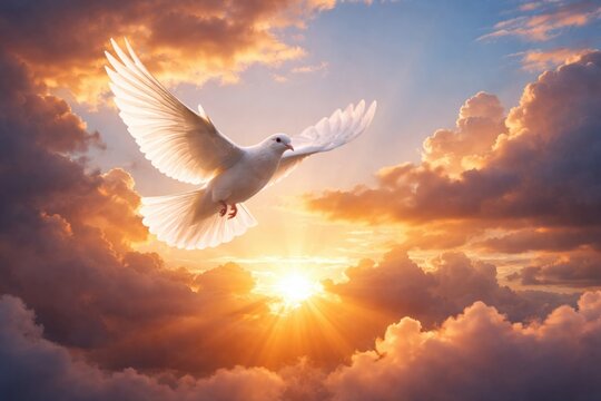 sunset scene with white dove flying above illuminated cloud breaks