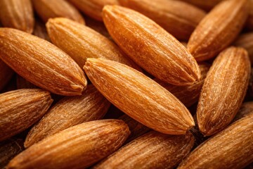 Fototapeta premium Close up microscopic image of wholegrain rice kernels highlighting detailed elongated shape and textured surface with warm orange tones