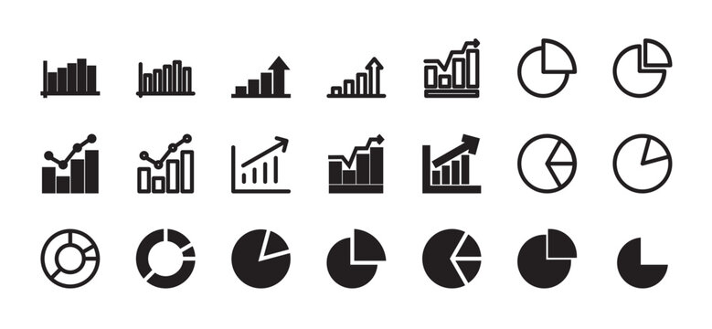 Data Model Icons. chart, line graph, scatter plot, database, spreadsheet, regression line. Growth chart solid icon collection. Includes bar charts with upward arrows, some with additional line graphs.