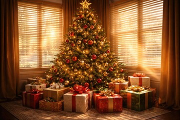 Obraz premium Festive Christmas tree with wrapped presents and warm sunlight through blinds