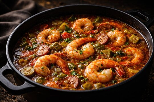 Close up savory shrimp gumbo stew in black pot with vibrant ingredients and copy space on dark background