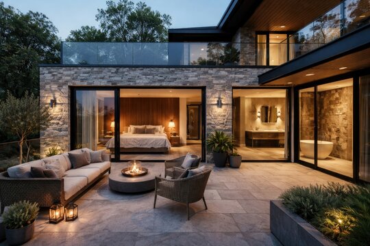 Contemporary home extension with stone finished terrace and balcony access linked to bedroom and bathroom