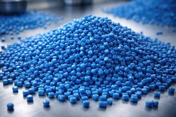 Obraz premium Detailed view of stacked blue polypropylene granules on flat table