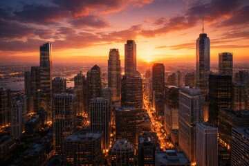Fototapeta premium Aerial perspective of high rise buildings shimmering under a glowing sunset sky