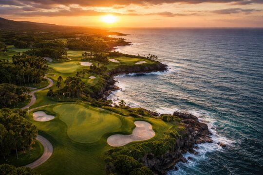 Aerial perspective of an oceanfront golf course during sunset