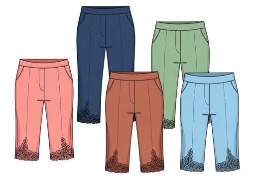 CAD illustration of women's fashion Capri pants. Five distinct pairs in various colors, each with a detailed, stylish hem, ideal for garment design and pattern development