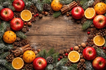 Obraz premium Festive Christmas fruit display with apples oranges spices and fir branches arranged on rustic wood surface top view border