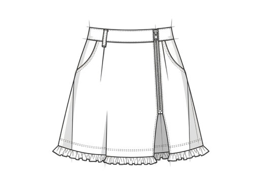 CAD illustration of a short skirt with pockets and ruffled hemline