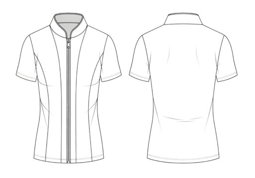 Precision CAD technical drawing of a women's short-sleeve collared top with front zipper, illustrating garment design details for fashion apparel development and production