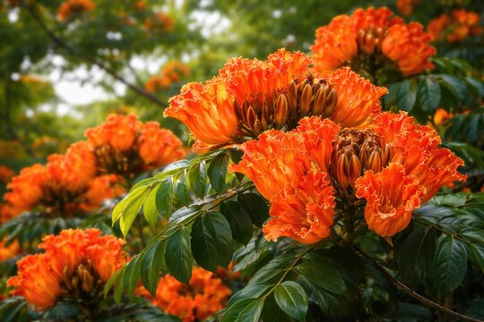 Bright orange blossoms on a garden variety African Tuliptree Spathodea campanulata in full bloom