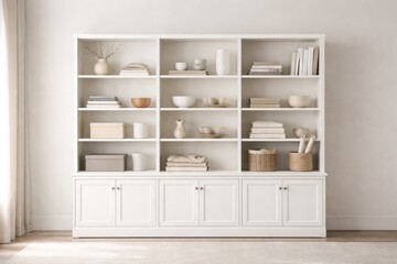 Fototapeta premium White retail storage cabinet with shelves displayed on a light toned wall for gallery use