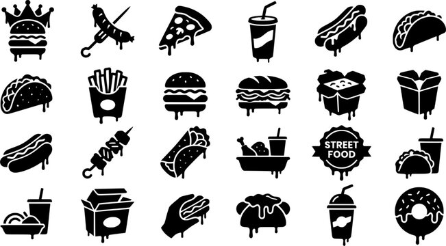 Set of black and white graffiti icons depicting street food and urban culture elements like a burger, pizza, spray can, and skateboard with a dripping paint effect