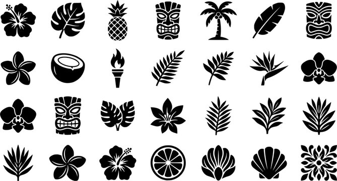 Set of tropical tiki line art icons including a pineapple, palm tree, hibiscus flower, and tribal mask in a simple hand-drawn doodle style for summer vacation themes