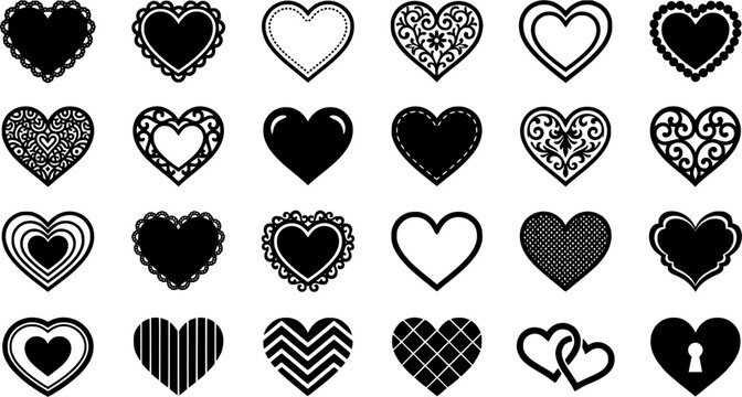 Black lace heart silhouettes and frames collection with various intricate, ornamental, and scalloped edge designs for romantic decoration, presented as a graphic vector set