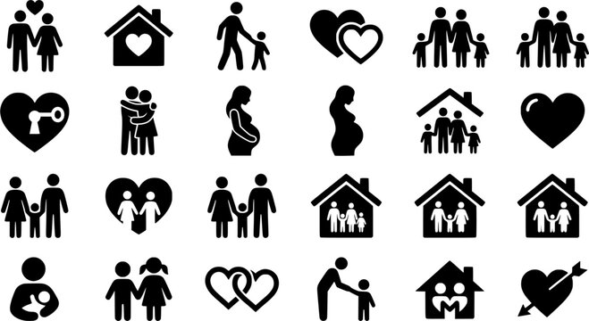 Hand-drawn family and love icons set featuring stick figures, couples, parents, children, hearts, and a house, rendered in a simple black and white doodle sketch style for relationship concepts