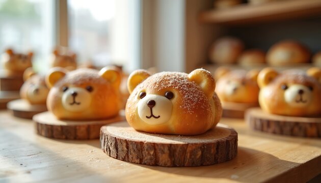 Cute bear shaped bread rolls arranged on wooden slices. Baked goods with sweet icing sugar dusting. Freshly baked artisanal buns ready for sale at cafe.