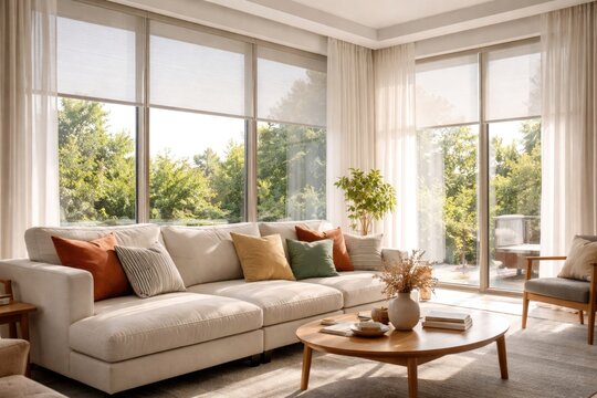 Sunlit interior with automated shades on high windows and a sofa decorated with lively cushions alongside sunscreen curtains