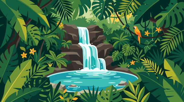 A vibrant vector illustration of an exotic jungle paradise with a cascading waterfall, a serene pool, and a colorful parrot. Perfect for backgrounds or travel.