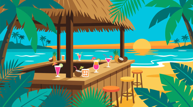 A vibrant beach bar with cocktails on a tropical island at sunset. Perfect for travel, vacation, summer party, and resort-themed designs and banners.