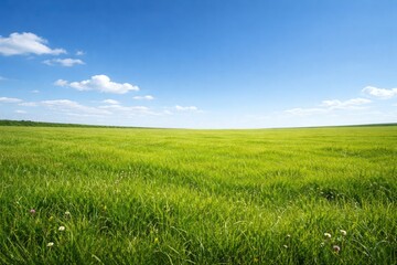 Fototapeta premium Vibrant green meadow beneath serene azure sky perfect for copy space